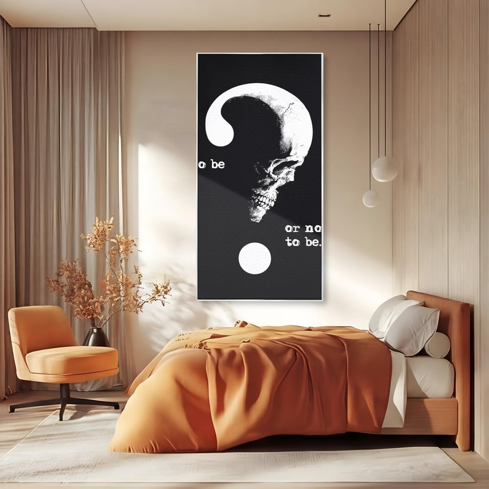 Tablou canvas cu tablou canvas cu craniu si semnul intrebarii, in rama de aluminiu argintiu, pe perete intr-un dormitor